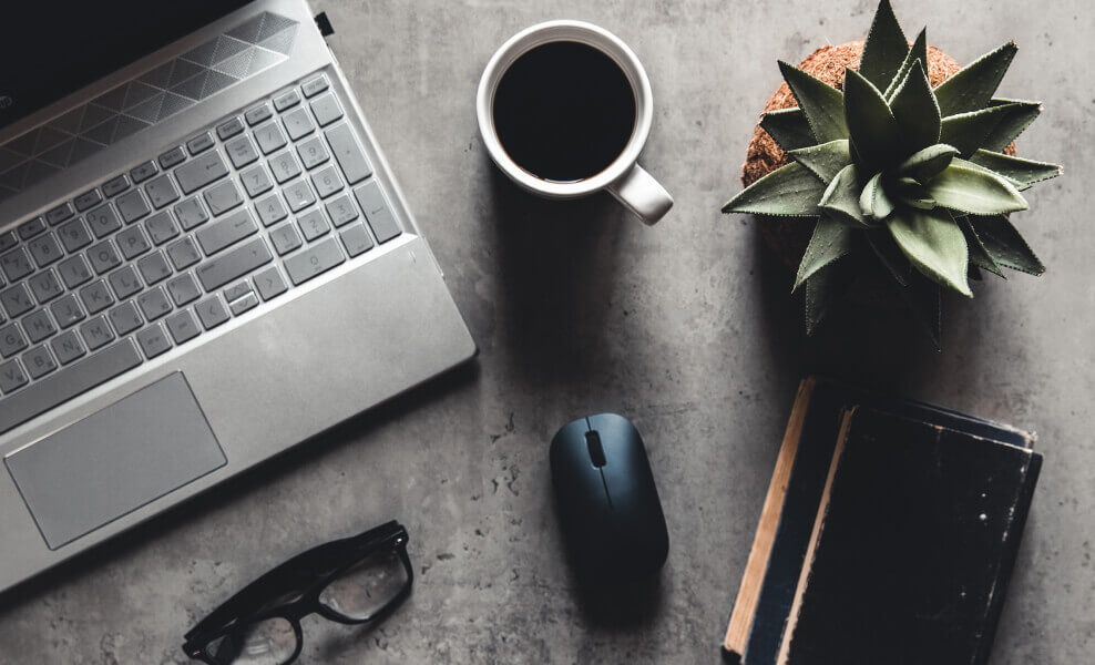 A laptop on a table next to a plant and glasses.